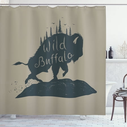 Ambesonne Buffalo Shower Curtain, Abstract Forest Bison Art, 69"Wx70"L, Eggshell Blue Grey