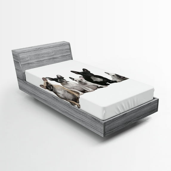 Ambesonne Bulldog Fitted Sheet 2 Pcs Set, Young Doggies Photo, Twin, Black White Beige