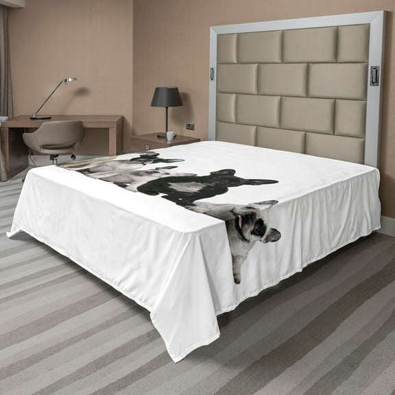 Ambesonne Bulldog Flat Sheet, Young Doggies Photo, King Size, Black White Beige