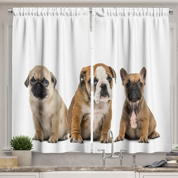 Ambesonne Bulldog Rules Kitchen Curtains, Studio Shot Puppies, 55"x24", Dark Peach and Sand Brown