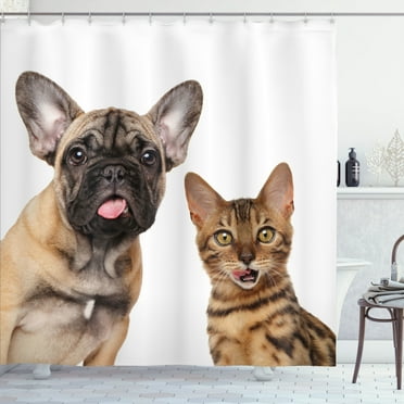Ambesonne Bulldog Shower Curtain, Cat and Dog Shocked Staring, 69"Wx84"L, White and Multicolor