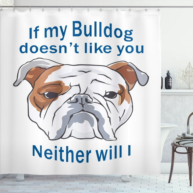 Ambesonne Bulldog Shower Curtain, Humorous Typographic Design, 69"Wx70"L, White Blue and Brown