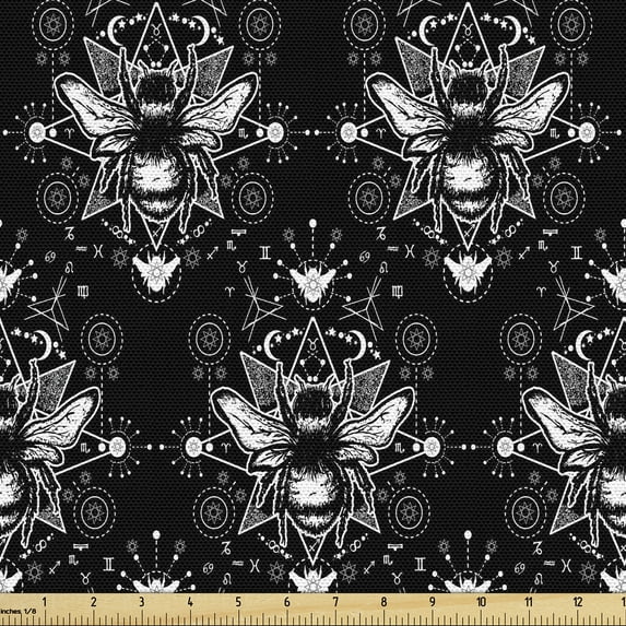 Ambesonne Bumblebee Fabric by the Yard Upholstery, Occult Feels Esoteric Bee, 3 Yards, Charcoal Grey White
