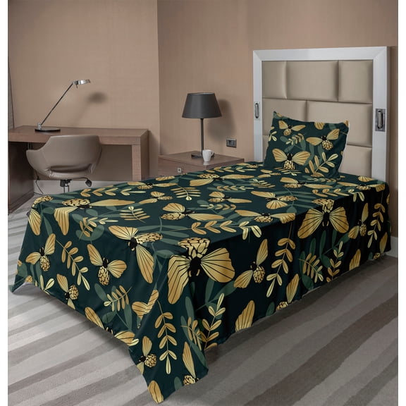 Ambesonne Bumblebee Fitted & Flat Sheet with Sham 3 Pcs Set, Wild Themed Leaves Wings, Twin XL, Forest Green Sand Brown
