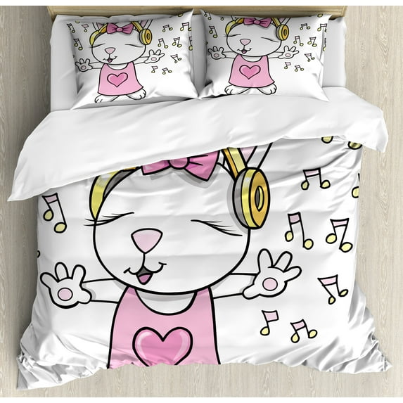 Ambesonne Bunny Duvet Cover Set, Cartoon Rock Star Bunny, 2-Calking, Pale Pink Yellow
