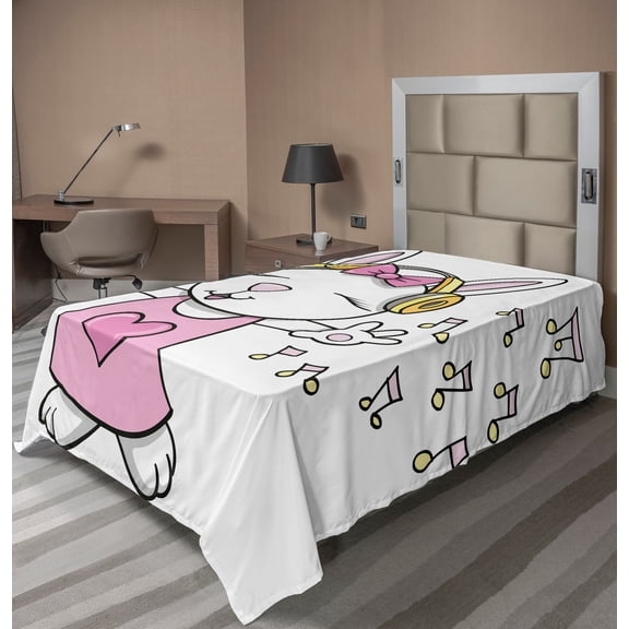 Ambesonne Bunny Flat Sheet, Cartoon Rock Star Bunny, Twin Size, Pale Pink Yellow