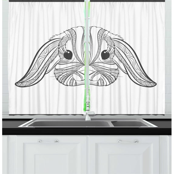 Ambesonne Bunny Kitchen Curtains, Boho Art Hare, 55"x39", Charcoal Grey and White