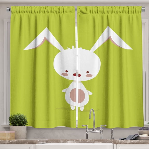Ambesonne Bunny Kitchen Curtains, Cartoon Character on Green, 55"x39", Apple Green White