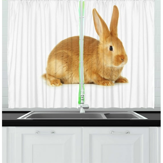 Ambesonne Bunny Kitchen Curtains, Fluffy and Animal Design, 55"x45", Caramel Brown