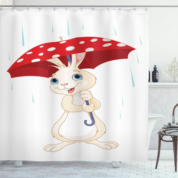 Ambesonne Bunny Shower Curtain, Little Animal with Umbrella, 69"Wx70"L, Multicolor