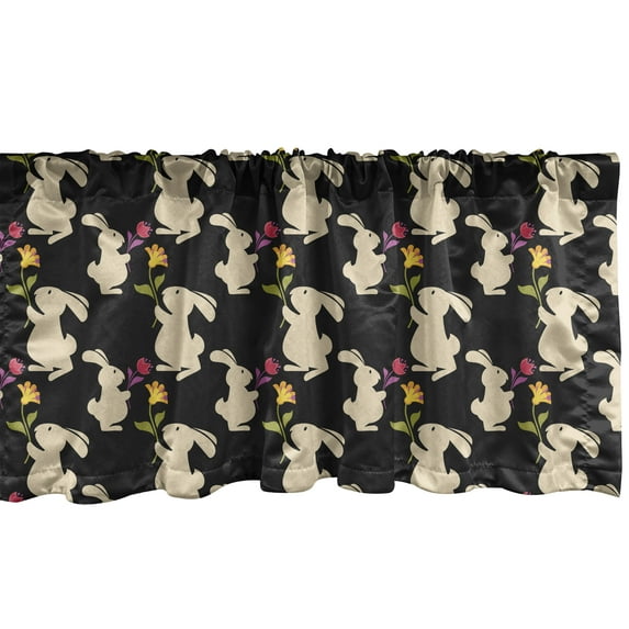 Ambesonne Bunny Window Valance, Beige Rabbits and Flowers, 54" X 12", Dark Grey and Multicolor