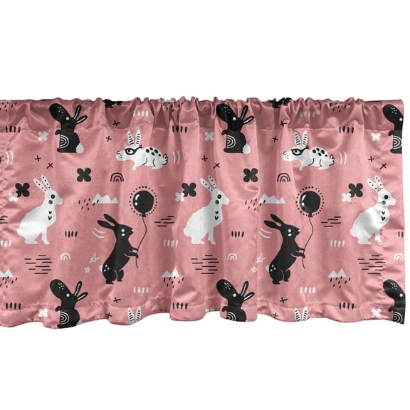Ambesonne Bunny Window Valance, Creative Pattern of Funny Forest Animal Rabbits Flowers, Curtain Valance for Kitchen Bedroom Decor with Rod Pocket, 54" X 18", Pink Grey