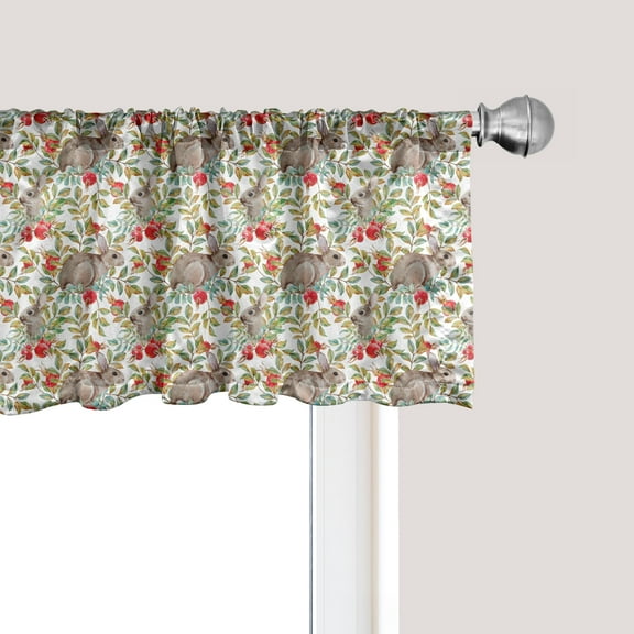 Ambesonne Bunny Window Valance, Pattern of Rabbits Dog Roses, 42" x 12", Multicolor