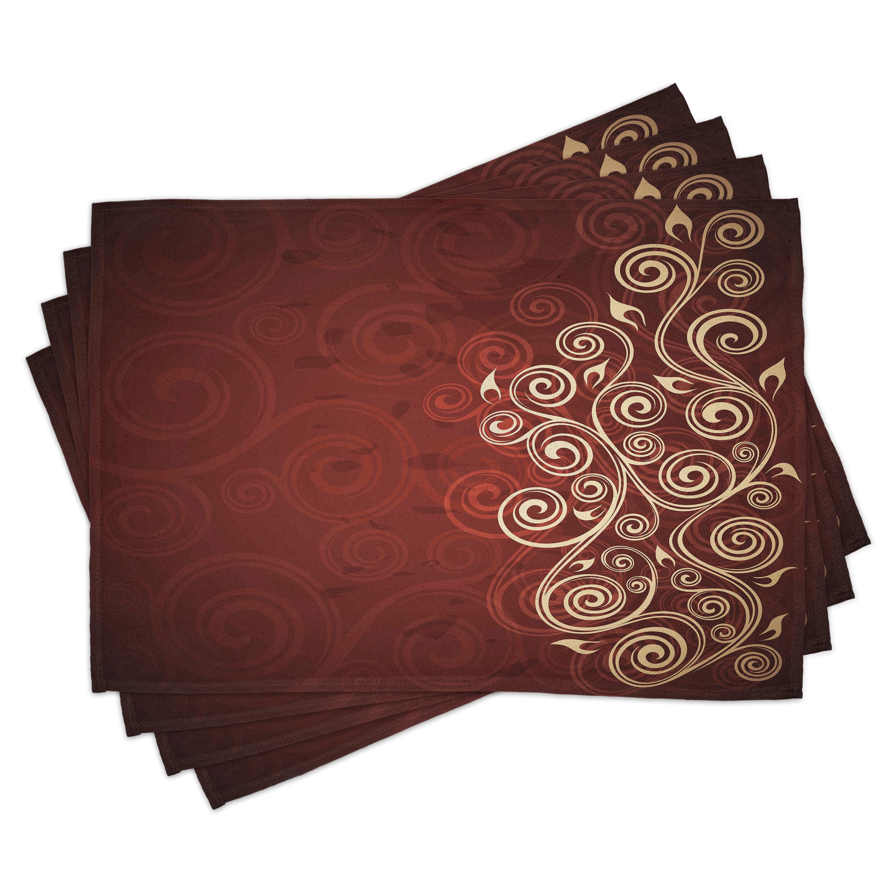 Burgundy and Cream Floral Swirl Polyester Placemats Set of 4