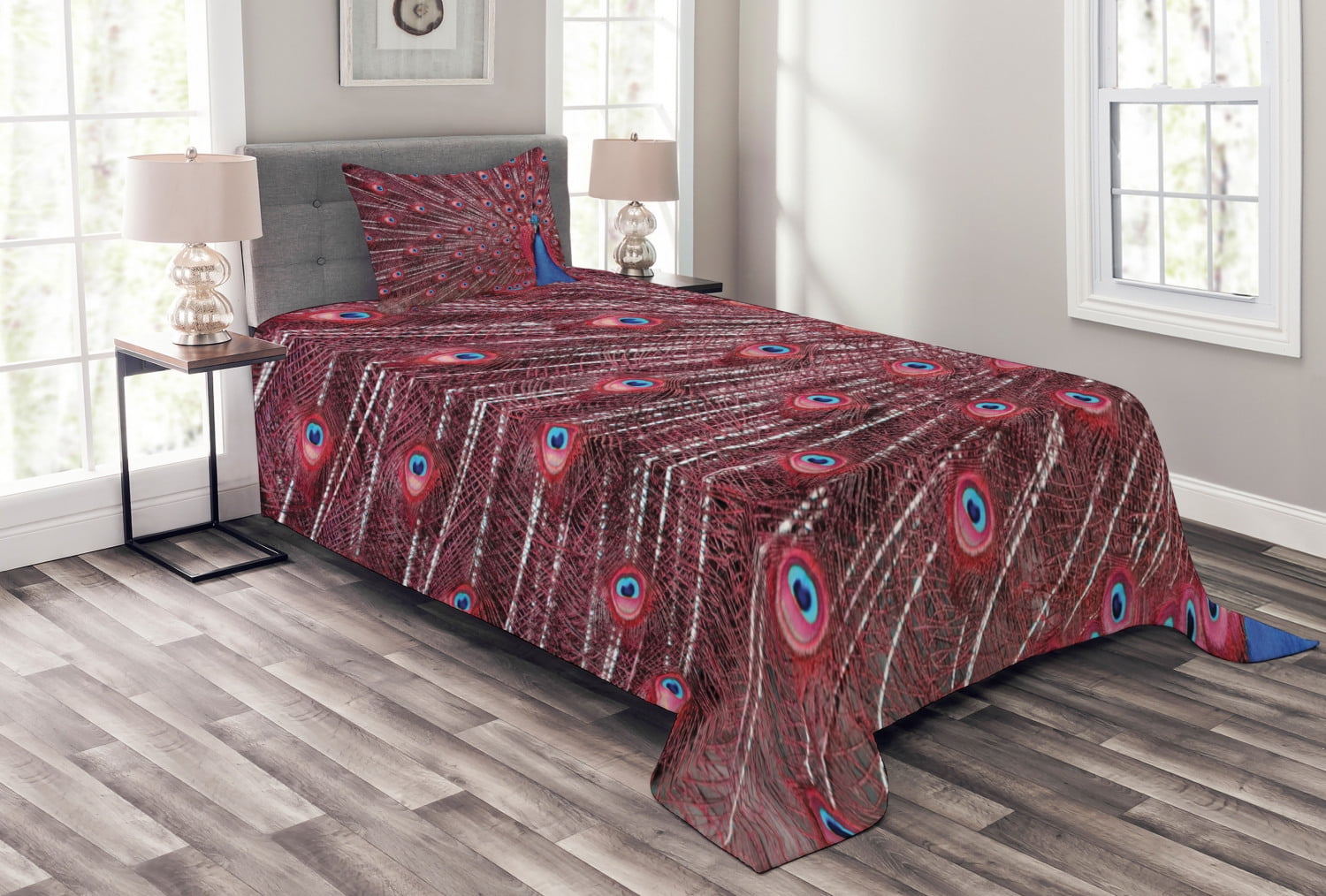 Twin White and Burgundy Quilted Bedspread Set with Peacock Design