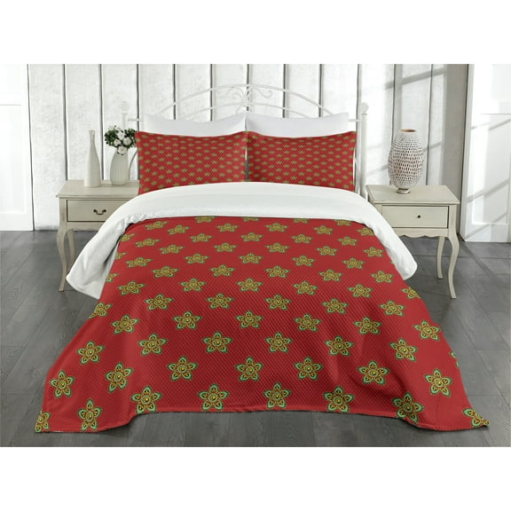Ambesonne Burgundy Quilted Bedspread Set 3 Pcs, Flowers with Rounds, King Size, Brown and Turquoise