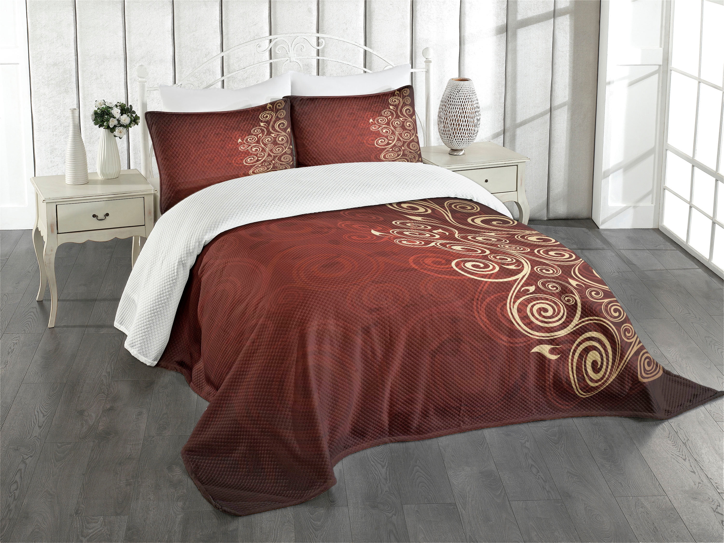 Queen Size Burgundy and Cream Quilted Bedspread Set