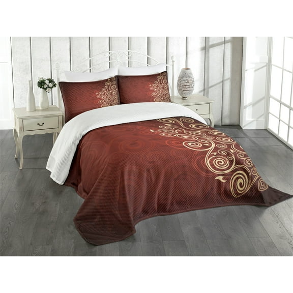 Ambesonne Burgundy Quilted Bedspread Set 3 Pcs, Ombre Flower Swirl Ivy, Queen Size, Cream Ruby