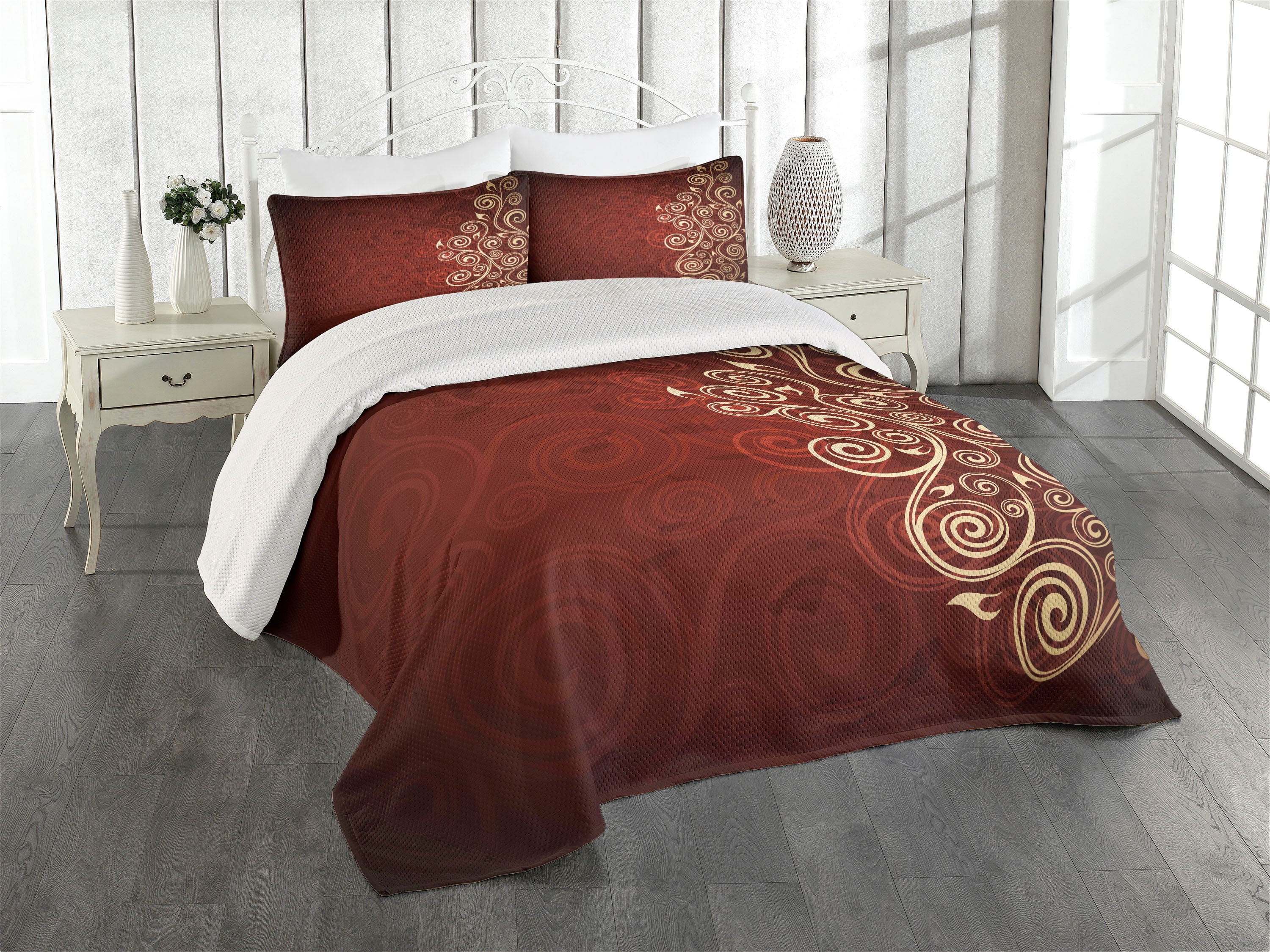 Queen Size Burgundy and Cream Quilted Bedspread Set