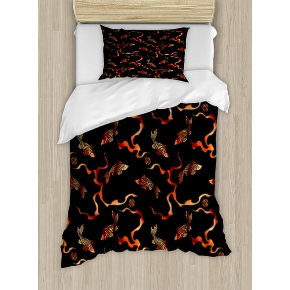 Ambesonne Burnt Orange Duvet Cover Sets, Ethnic Fish Art, 2-Twin, Black Burnt Orange Peach