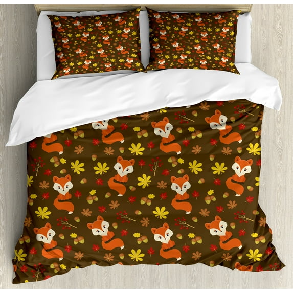 Ambesonne Burnt Orange Duvet Cover Sets, Leaves Acorn and Foxes, 2-King, Dark Cocoa Multicolor