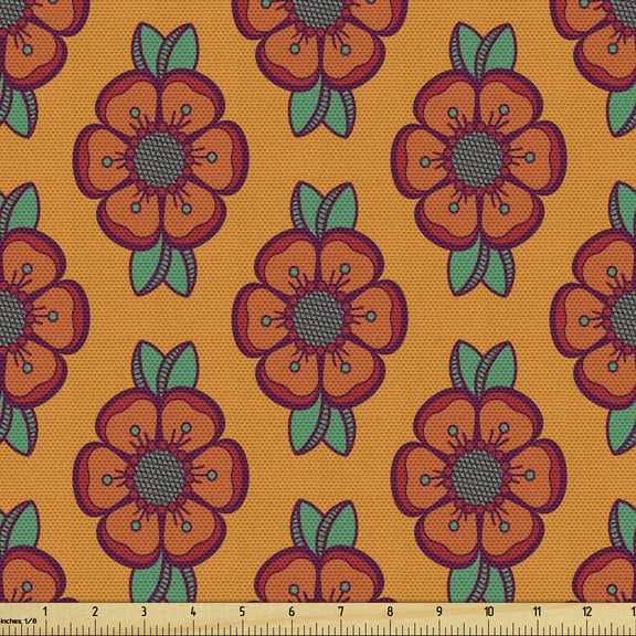 Ambesonne Burnt Orange Fabric by the Yard Upholstery, Blooming Foliage Leaf, 3 Yards, Multicolor