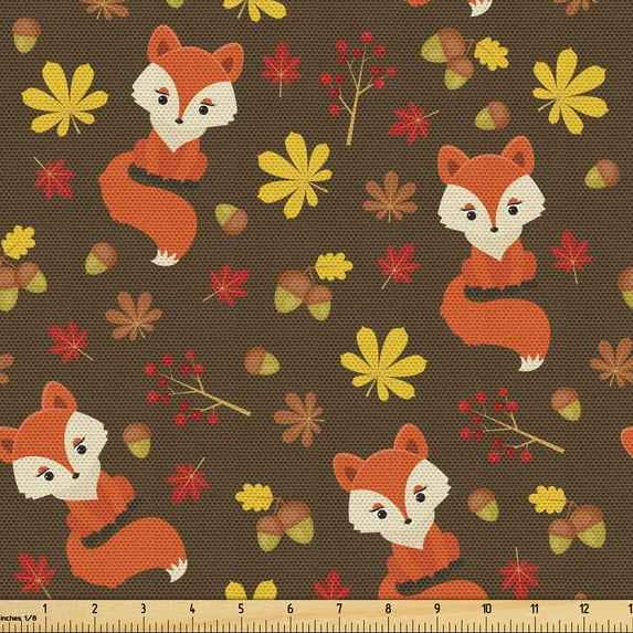 Ambesonne Burnt Orange Fabric by the Yard Upholstery, Leaves Acorn and Foxes, 10 Yards, Dark Cocoa Multicolor