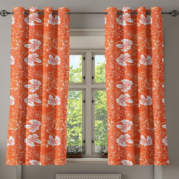 Ambesonne Burnt Orange Grommet Curtain, Tropical Hibiscus, 50" x 63", Burnt Orange and White