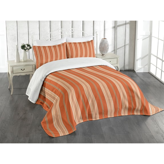Ambesonne Burnt Orange Quilted Bedspread Set 3 Pcs, Retro Themed Stripes, Queen Size, Burnt Orange Tan
