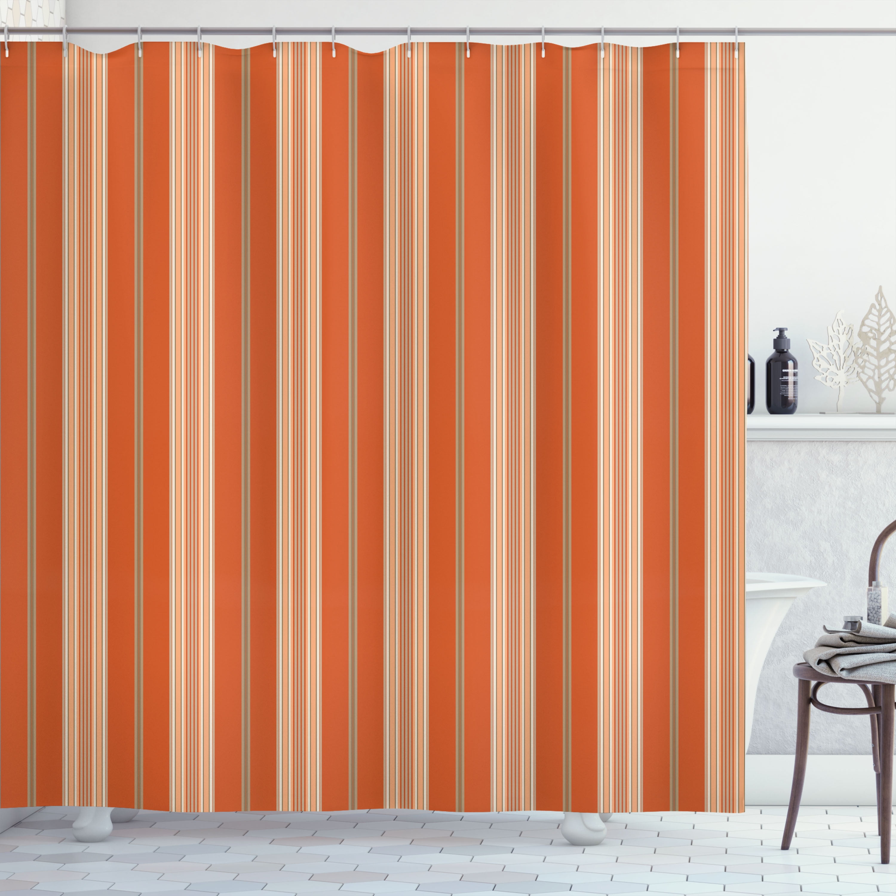Burnt Orange and Beige Striped Fabric Shower Curtain with Hooks
