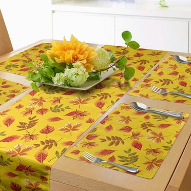 Ambesonne Burnt Orange Table Runner & Placemats, Fall Forest Leaves, Placemat 4 pcs + Runner 12"x72", Mustard and Multicolor