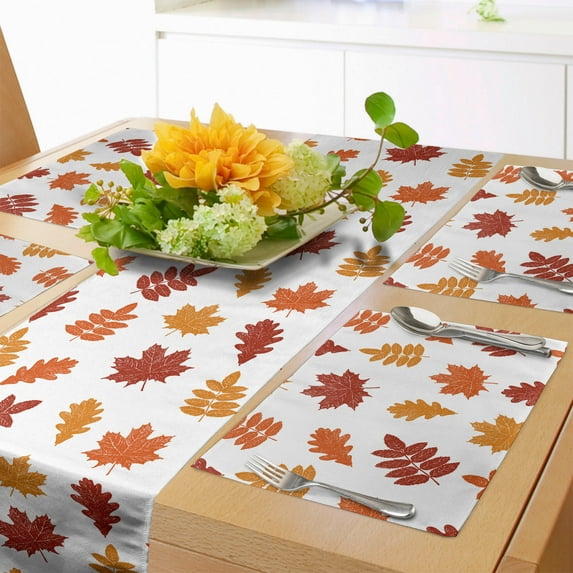Ambesonne Burnt Orange Table Runner & Placemats, Fall Leaf Sketches, Placemat 4 pcs + Runner 14"x90", Burnt Orange Paprika