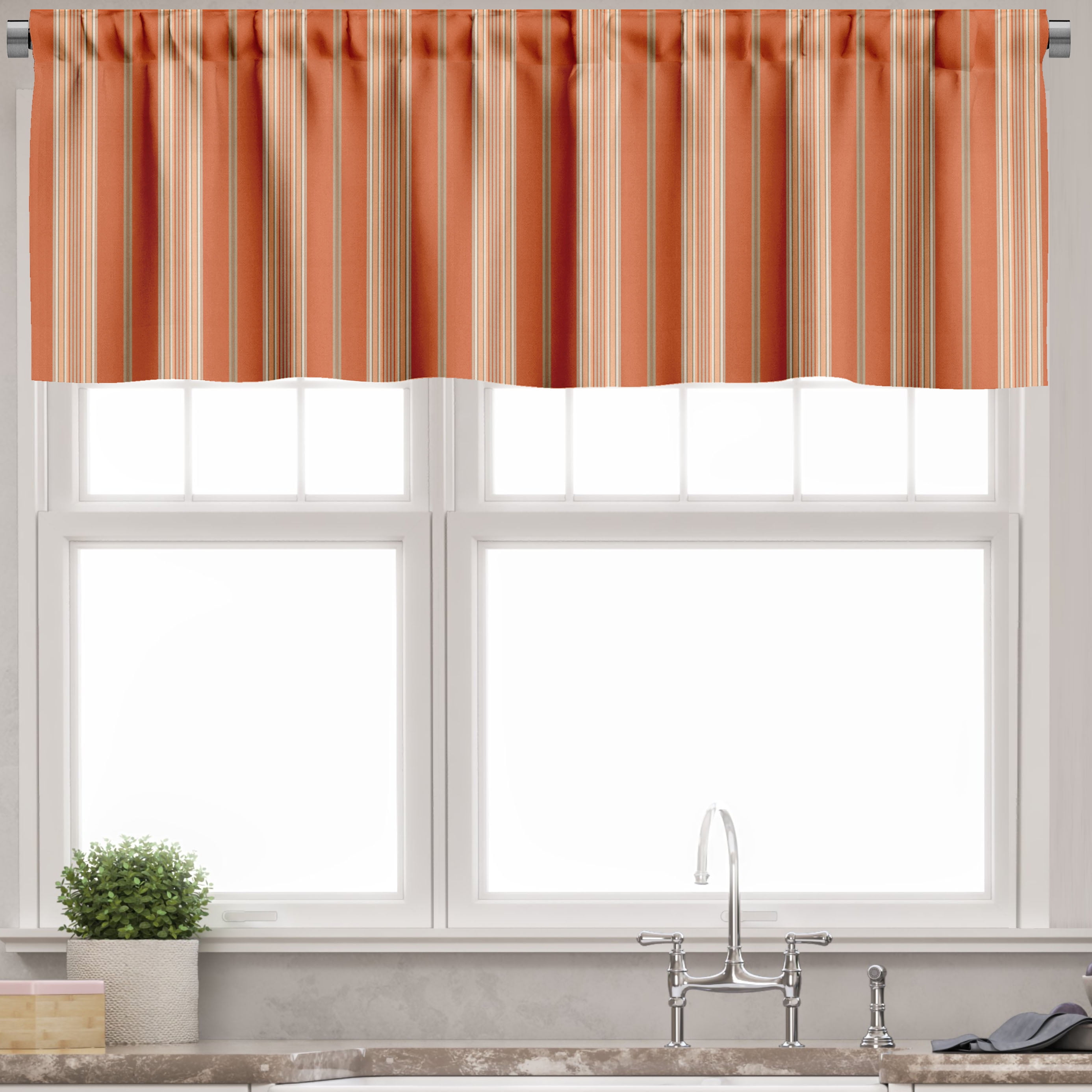 Burnt Orange and Tan Striped Satin Rod Pocket Valance