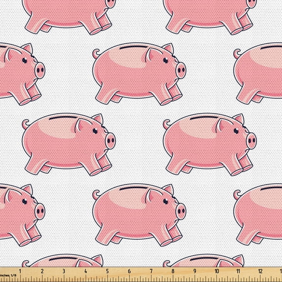Ambesonne Business Fabric by the Yard Upholstery, Repeating Piggy Banks Art, 1 Yard, Pastel Pink White and Blush