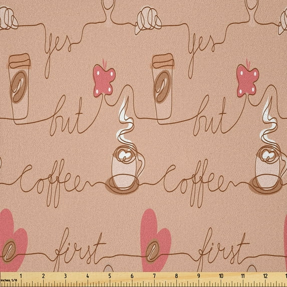 Ambesonne But First Coffee Fabric by the Yard Microfiber, Line Drawing Items, 2 Yards, Pastel Pink Pastel Brown