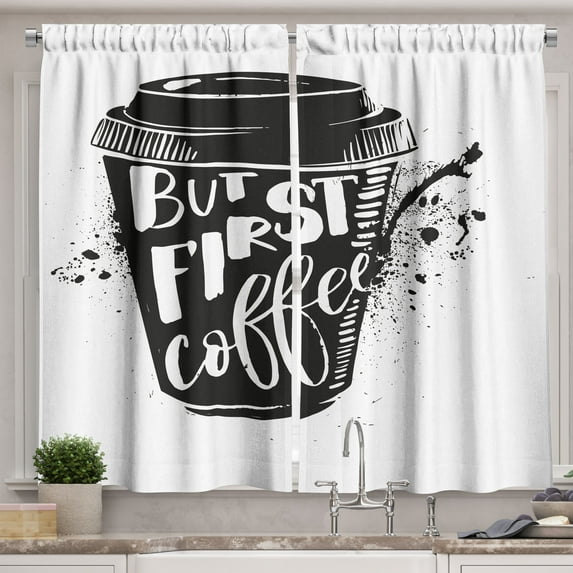 Ambesonne But First Coffee Kitchen Curtains, Black White Cup, 55"x45", Black and White