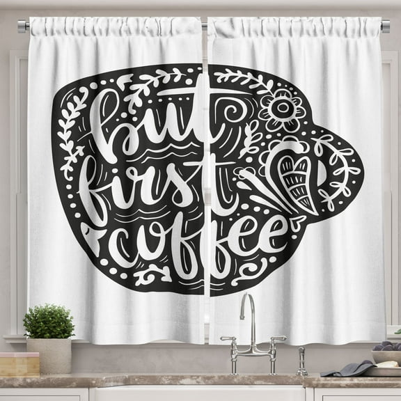 Ambesonne But First Coffee Kitchen Curtains, Botanical Art Mug, 55"x45", Charcoal Grey and White