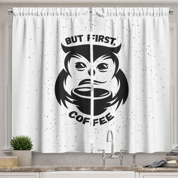 Ambesonne But First Coffee Kitchen Curtains, Owl Holds Mug Dots, 55"x24", Charcoal Grey and White