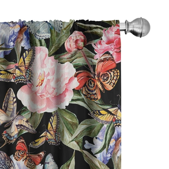 Ambesonne Butterflies Curtains, Colorful Blooms Garden, Pair of 28"x63", Black Multicolor