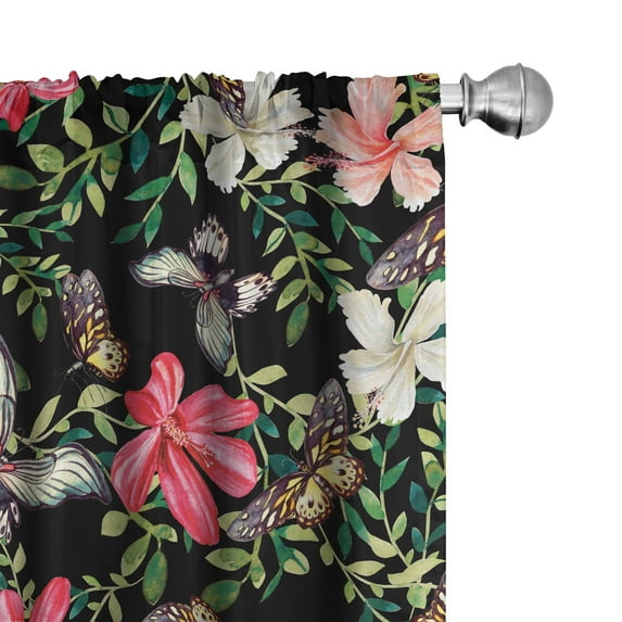 Ambesonne Butterflies Curtains, Exotic Jungle Hibiscus, Pair of 28"x63", Black Green Dark Pink