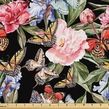 Ambesonne Butterflies Fabric by the Yard Upholstery, Colorful Blooms Garden, 2 Yards, Black Multicolor