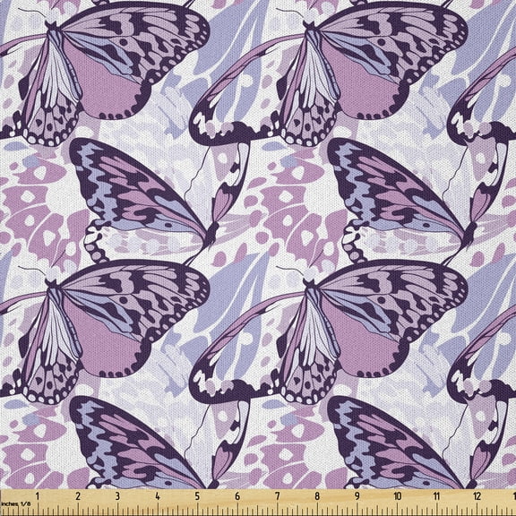 Ambesonne Butterflies Fabric by the Yard Microfiber, Spotted Flies, 3 Yards, Lilac Multicolor