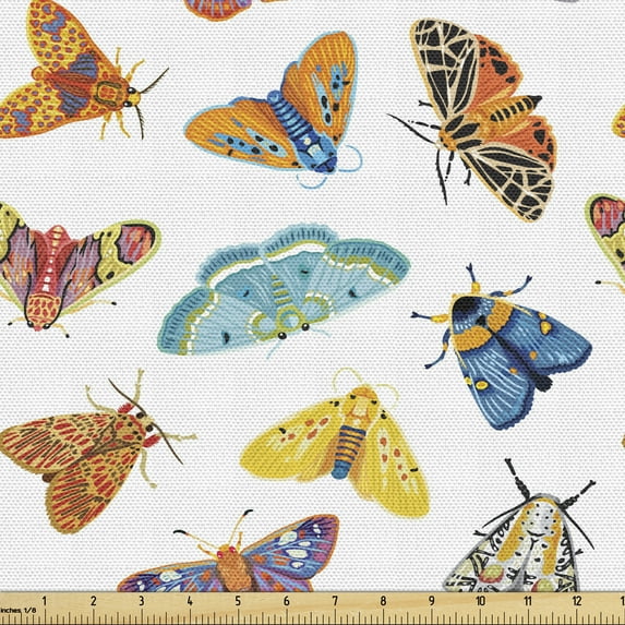 Ambesonne Butterflies Fabric by the Yard Upholstery, Types of Flies, 3 Yards, Multicolor