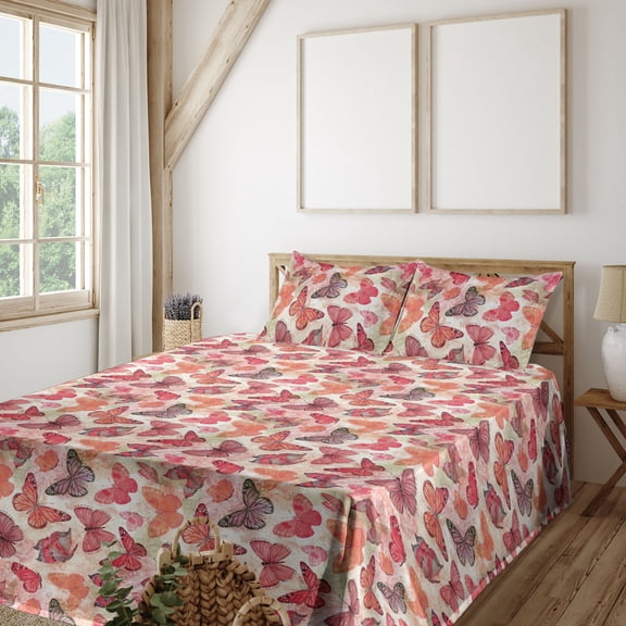 Ambesonne Butterflies Fitted & Flat Sheet with Sham 3 Pcs Set, Butterfly Spring Forest, Twin XL, Coral Salmon Dried Rose