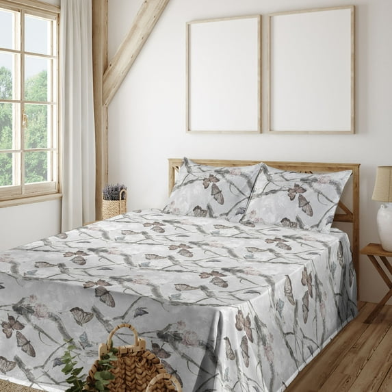 Ambesonne Butterflies Fitted & Flat Sheet with Sham 3 Pcs Set, Spring Life Branches, Twin, Pale Grey Sepia Blush