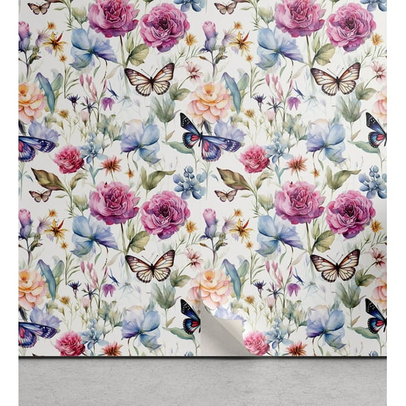 Ambesonne Butterflies Flowers Peel & Stick Wallpaper for Home, Meadow of Love, 13"x36", Laurel Green Lilac Pink