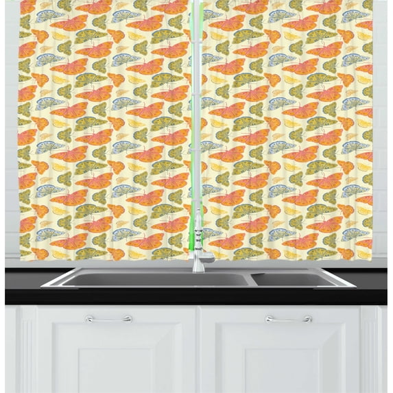 Ambesonne Butterflies Kitchen Curtains, Hand Drawn, 55"x45", Cream Multicolor