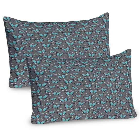 Ambesonne Butterflies Pillow Sham 2 Pack, Continuous Floral Art, 26"x20", Seafoam and Grey