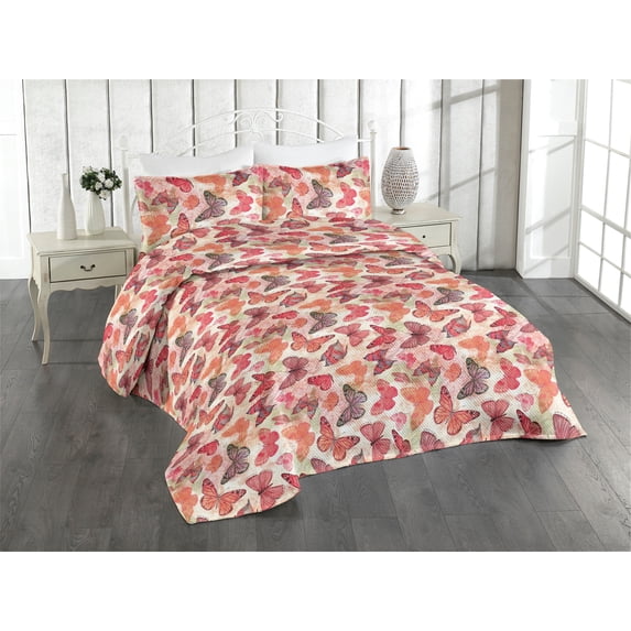 Ambesonne Butterflies Quilted Bedspread Set 3 Pcs, Butterfly Spring Forest, King, Coral Salmon Dried Rose