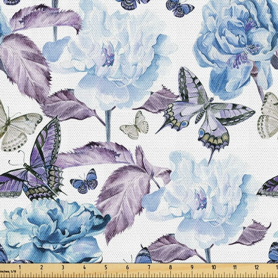 Ambesonne Butterflies and Flowers Fabric by the Yard Upholstery, Peony Bloom, 3 Yards, Blue and Plum